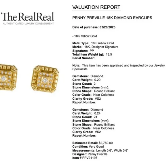 PENNY PREVILLE 18K Diamond Earclips w/ valuation report - Picture 5 of 5